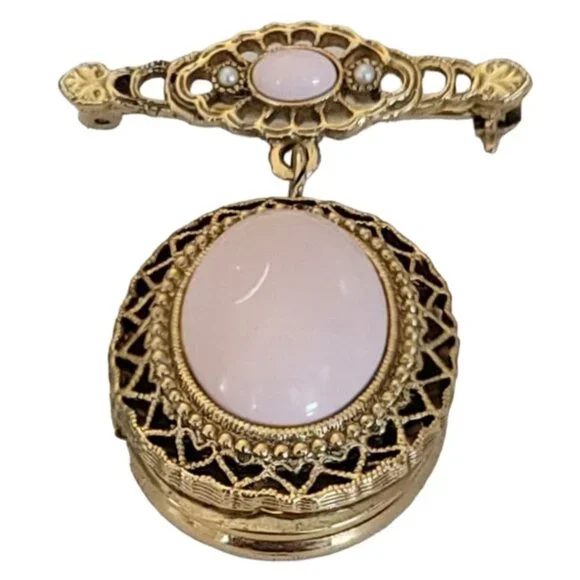 1928 Brand Faux Coral Clear Rhinestone Locket Bar Pin Brooch, K351